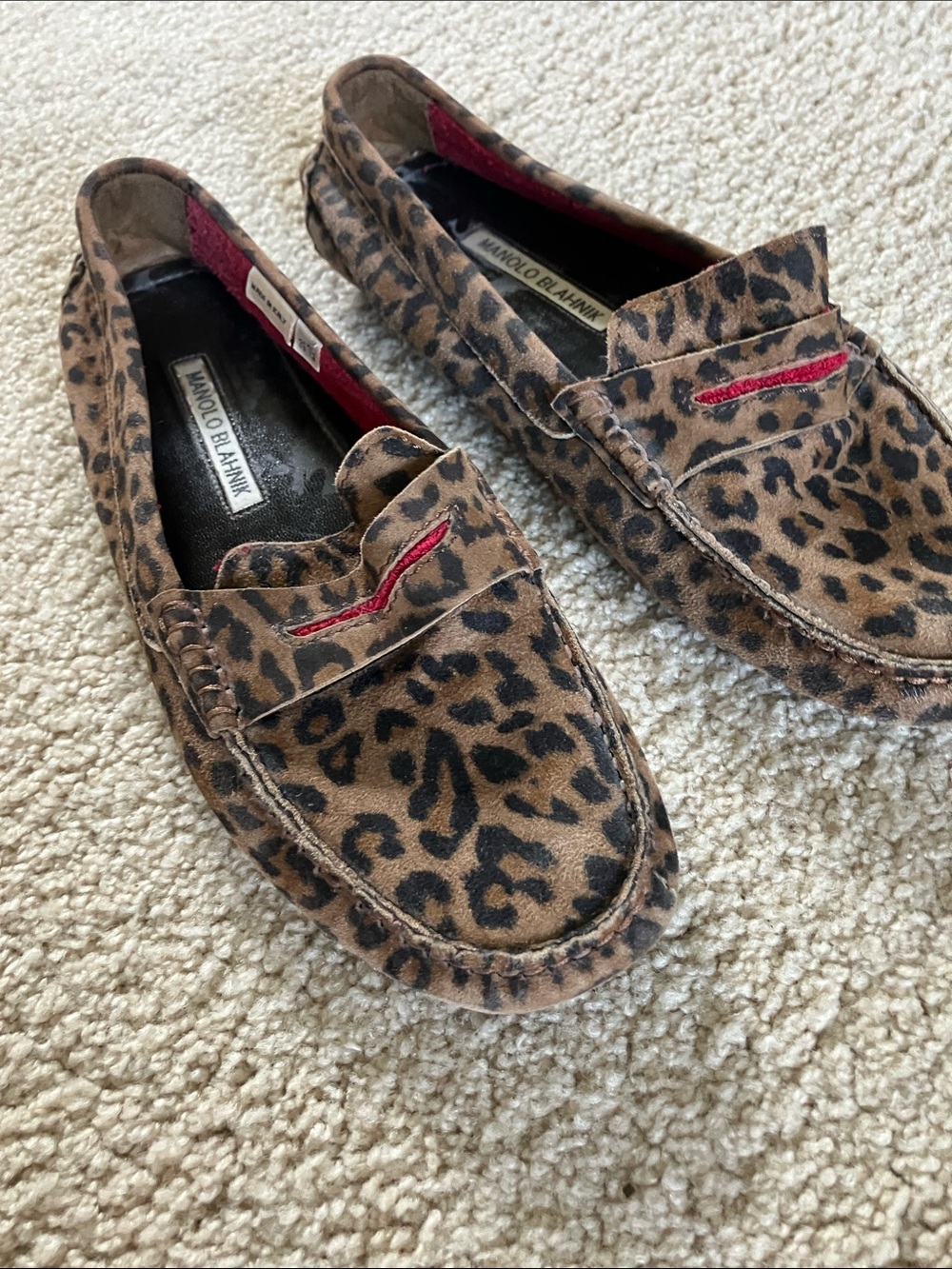 Manolo Blahnik Leopard Print Suede Loafers with Red Accent